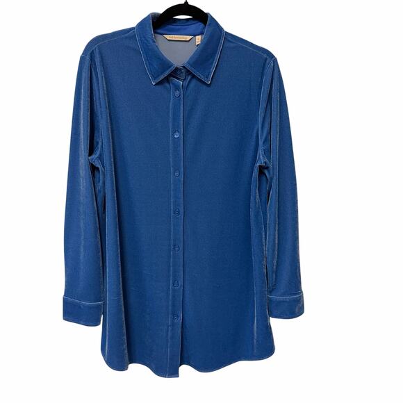 Soft Surroundings Tops - Soft Surroundings Blue Velour Long Sleeve Button Up Top Womens Medium Lagenlook